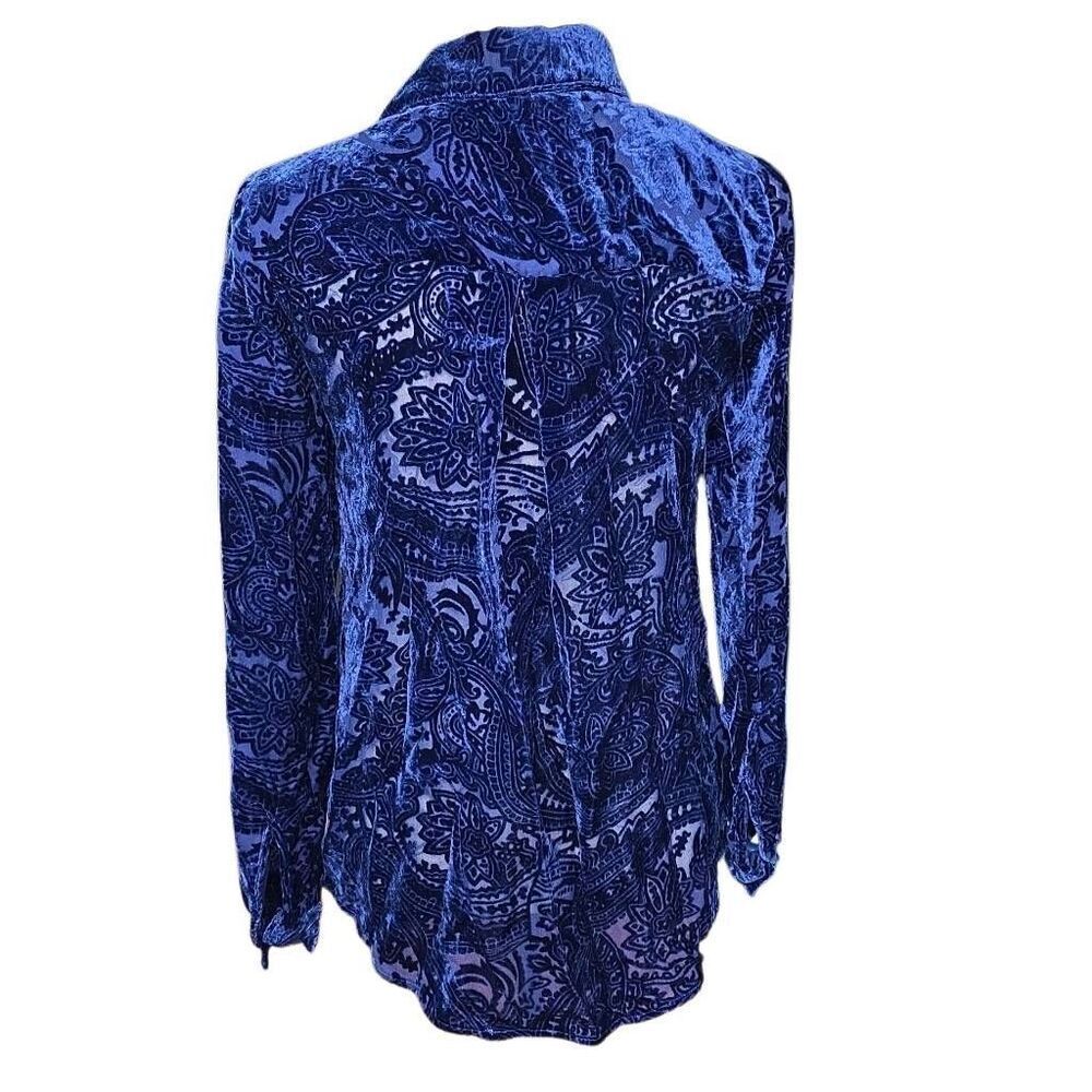 L'Agence Ladies Size XS/T Navy Velvet Paisley Sheer Button Down Blouse - Picture 3 of 4